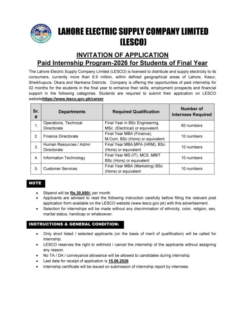 LESCO Internship Program 2026
