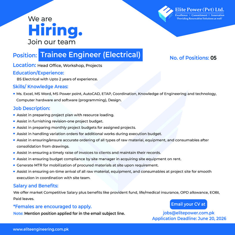 Elite Power (Pvt) Limited - Trainee Engineer Jobs 2026