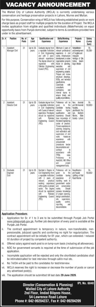 Walled City of Lahore Authority (WCLA) Jobs 2026 