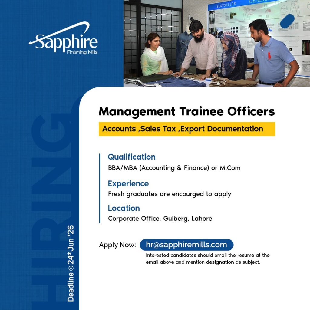 Sapphire Finishing Mills - Management Trainee Officer Jobs 2026