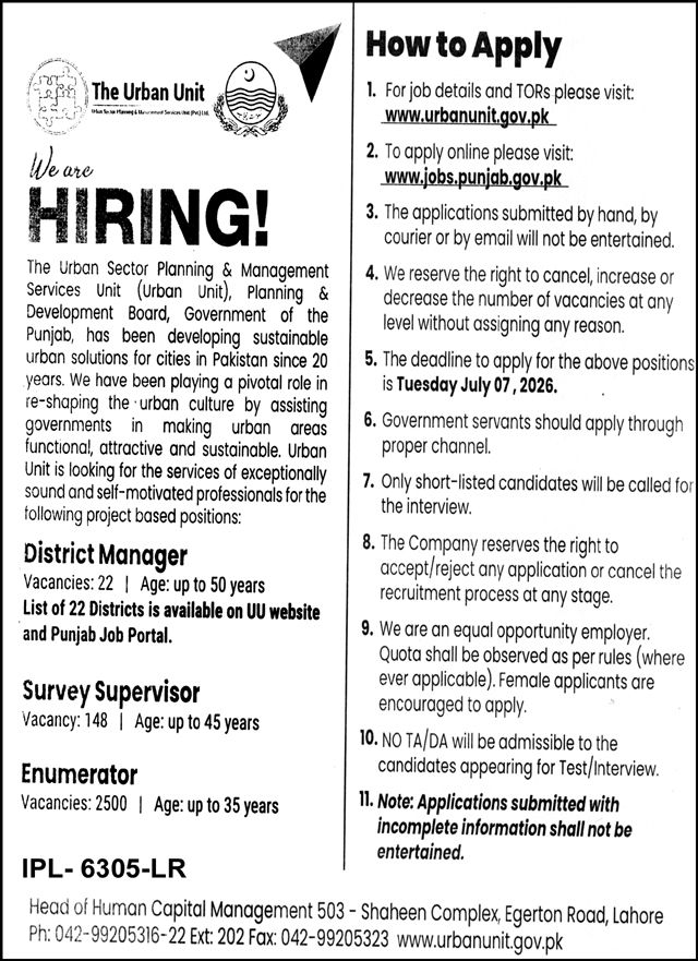 The Urban Unit Jobs – 2600+  Vacancies Across Punjab