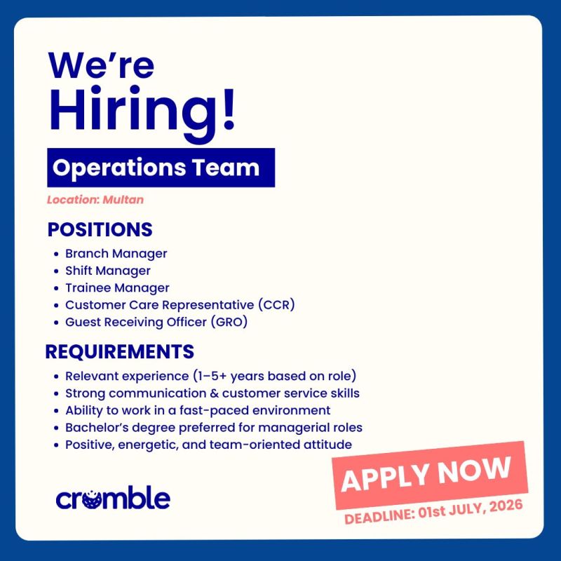 Crumble Jobs 2026 – Multiple Vacancies in Multan
