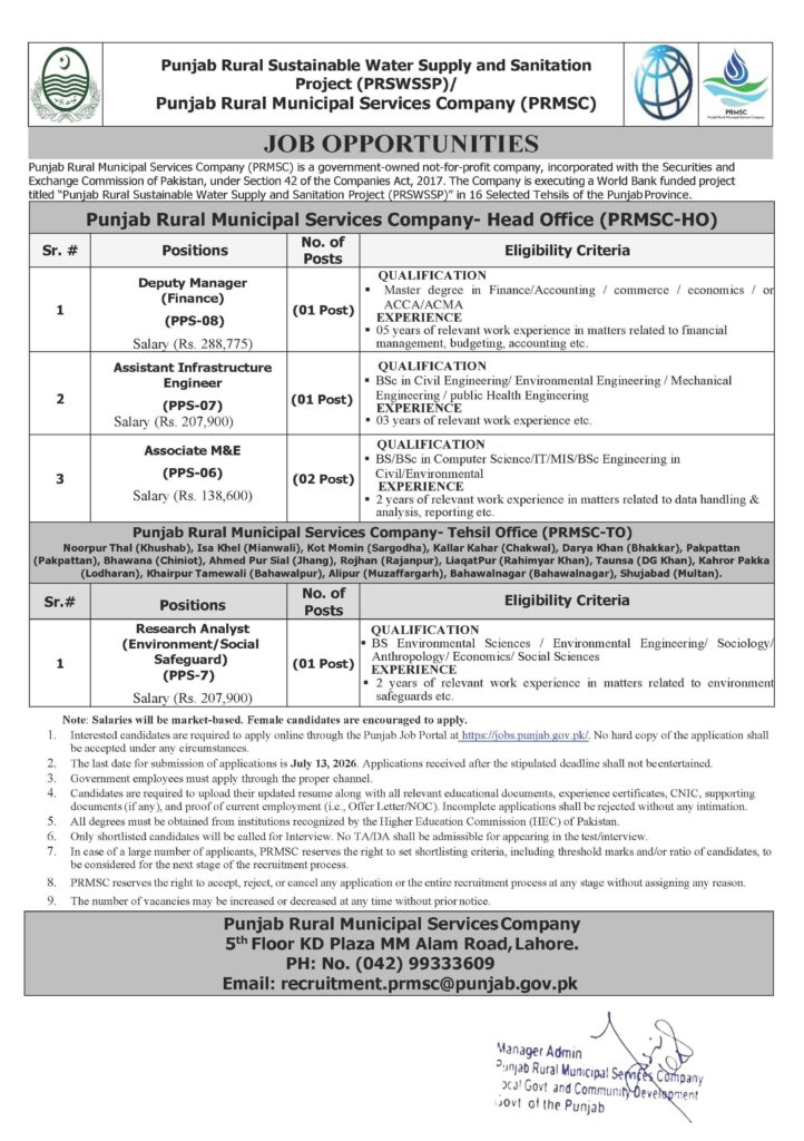 Punjab Rural Municipal Services Company (PRMSC) Jobs 2026