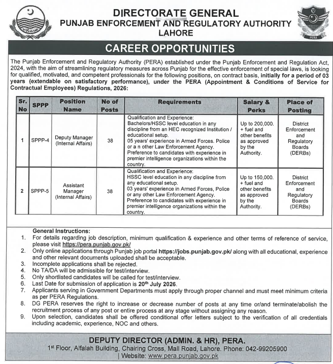 Punjab Enforcement and Regulatory Authority - PERA Jobs 2026