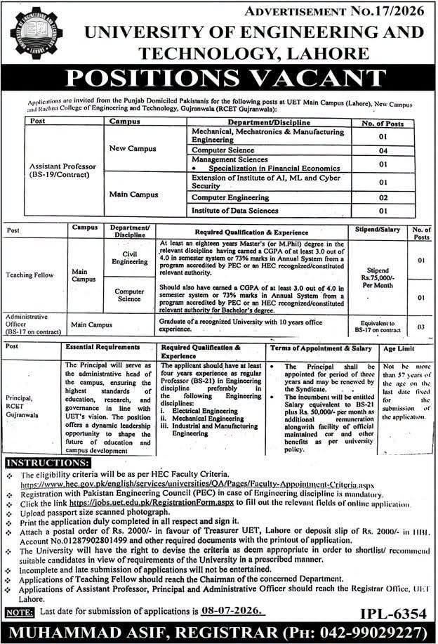 UET Lahore Multiple Jobs 2026 - Apply Now