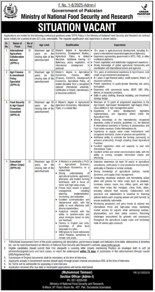 Ministry of National Food Security & Research Jobs 2026
