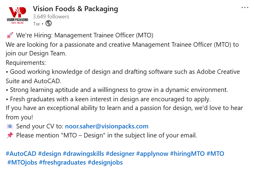 Vision Foods and Packaging Management Trainee Officer Jobs 2026
