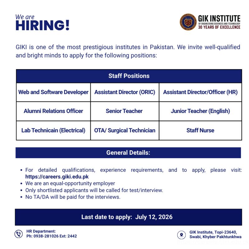 GIKI Institute Jobs 2026 | Multiple Staff Positions
